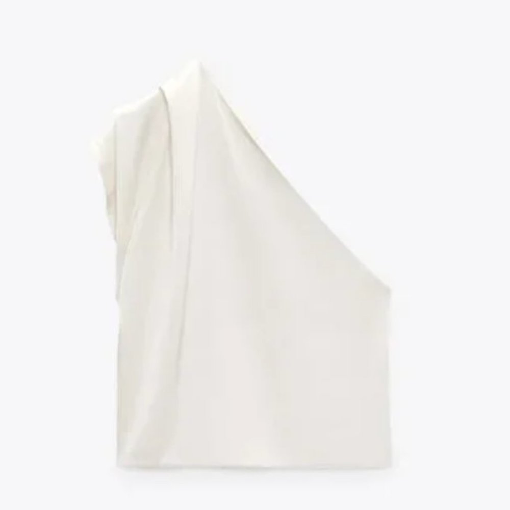 ZARA IVORY SATIN EFFECT STRETCH ASYMMETRICAL RUCHED TOP BLOUSE